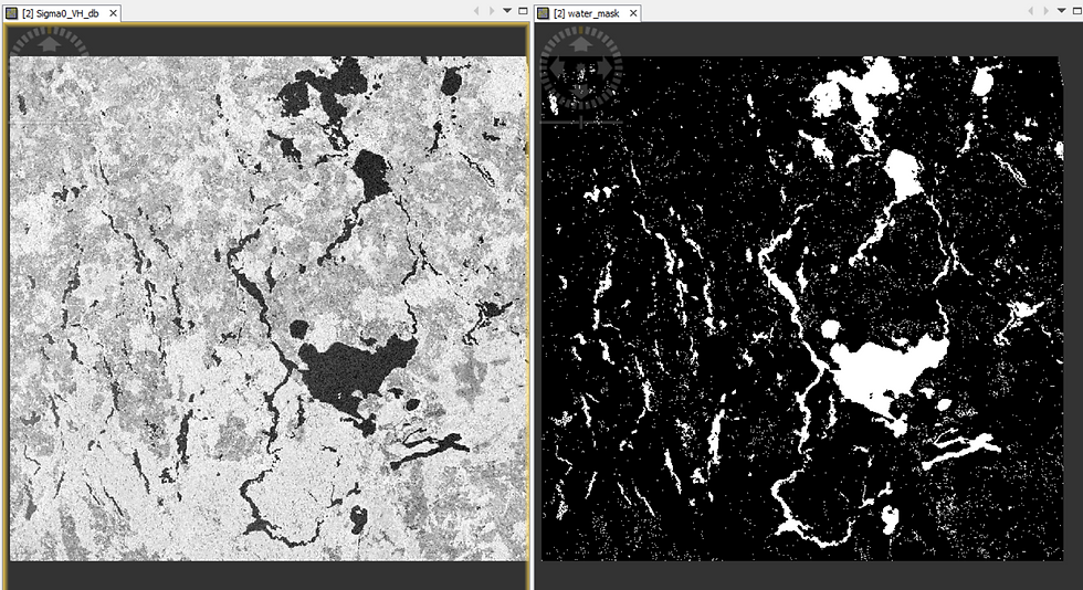 Delineating water pixels from land pixels using the derived threshold (left) and subsequently, reclassifying the output in order to extract just the Water Footprint of the study area (Masurian Lake District in northeastern Poland)