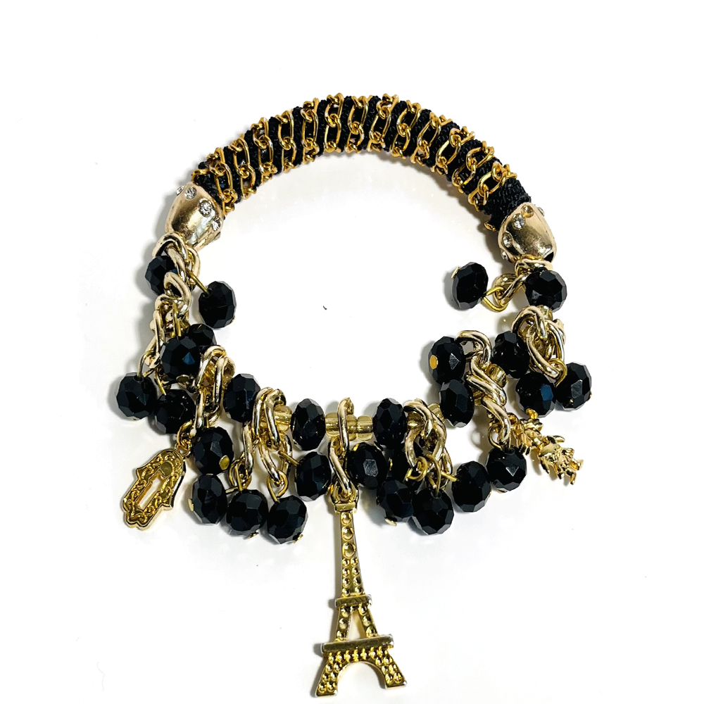 AL&M Bracelet of Faceted Crystal Stones with Crochet fabric / Black