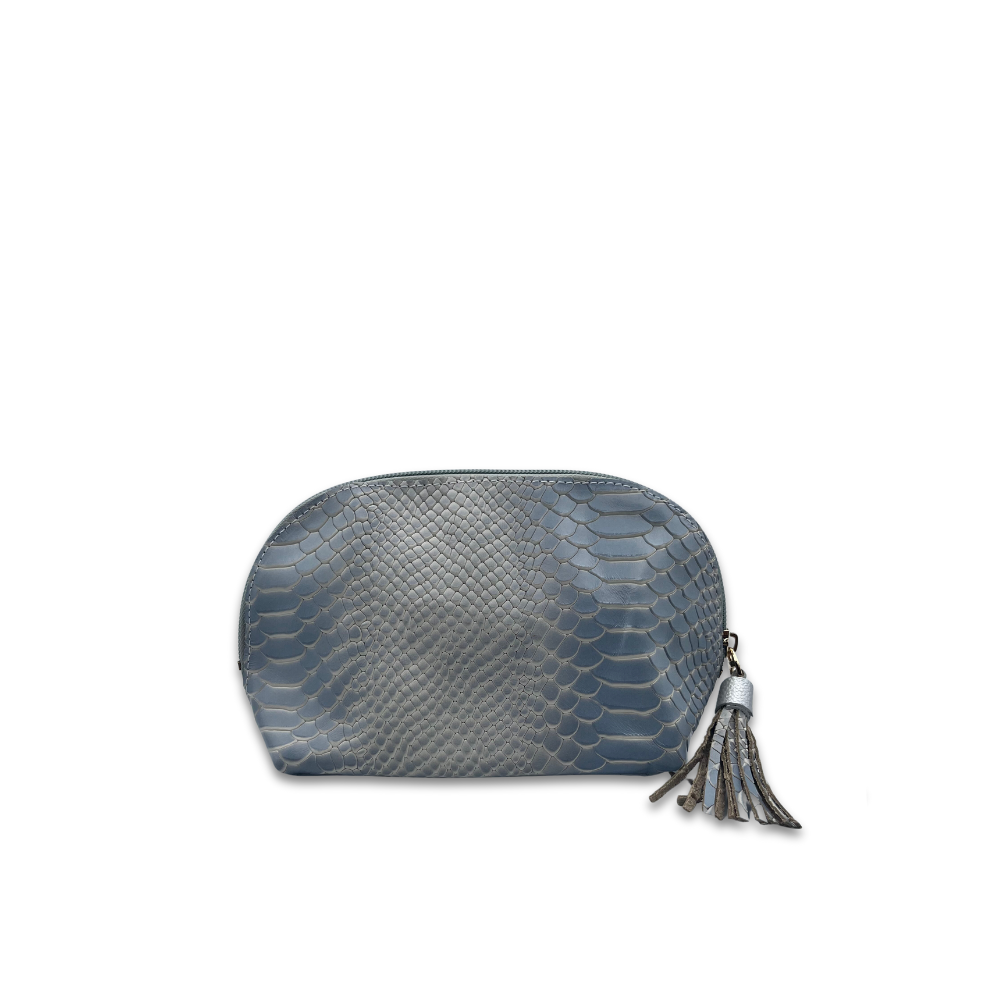 AL&M Silver Python Leather Makeup Bag | Silver Python Cosmetic bag
