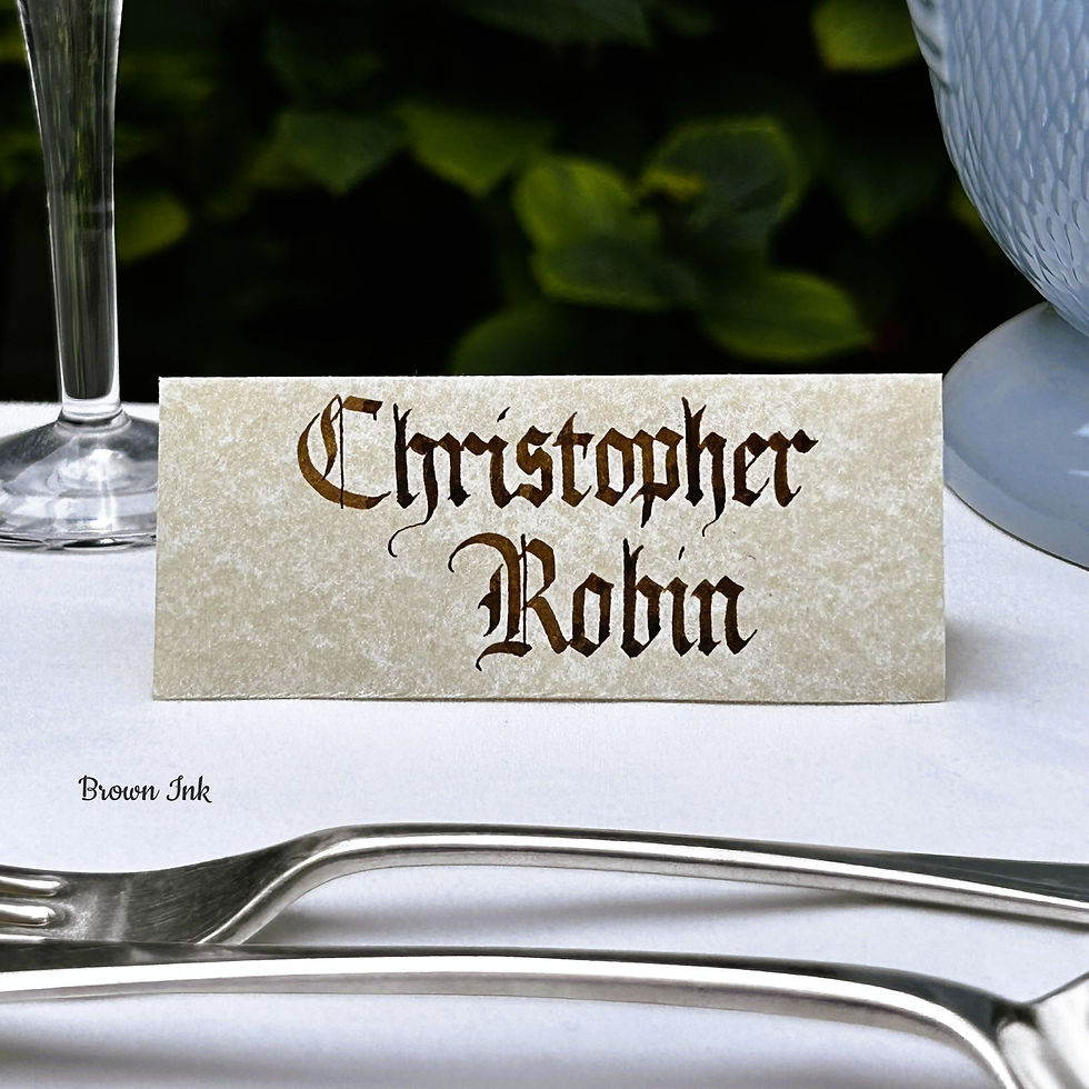 Thumbnail: Full name Gothic/Medieval place name card in brown ink on parchment style paper
