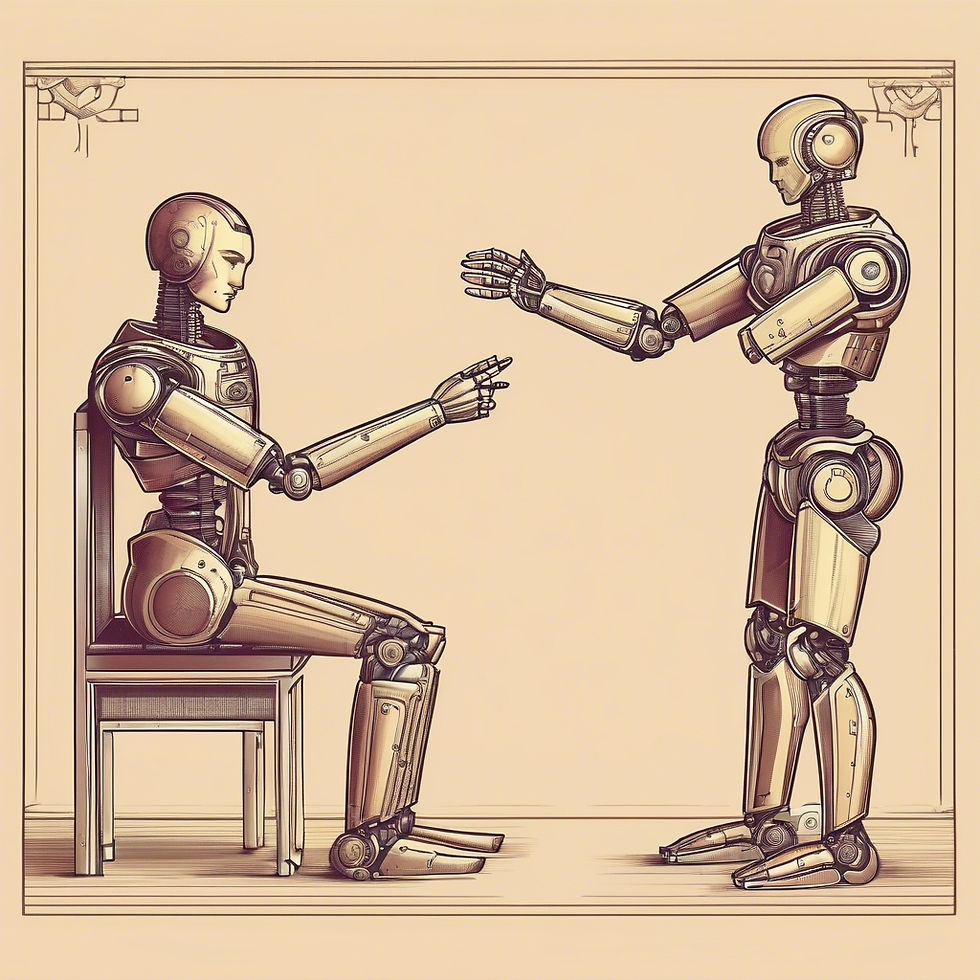 Two humanoid robots engage in a simulated interaction, one seated and the other standing, highlighting the synergy between movement and robotic design.