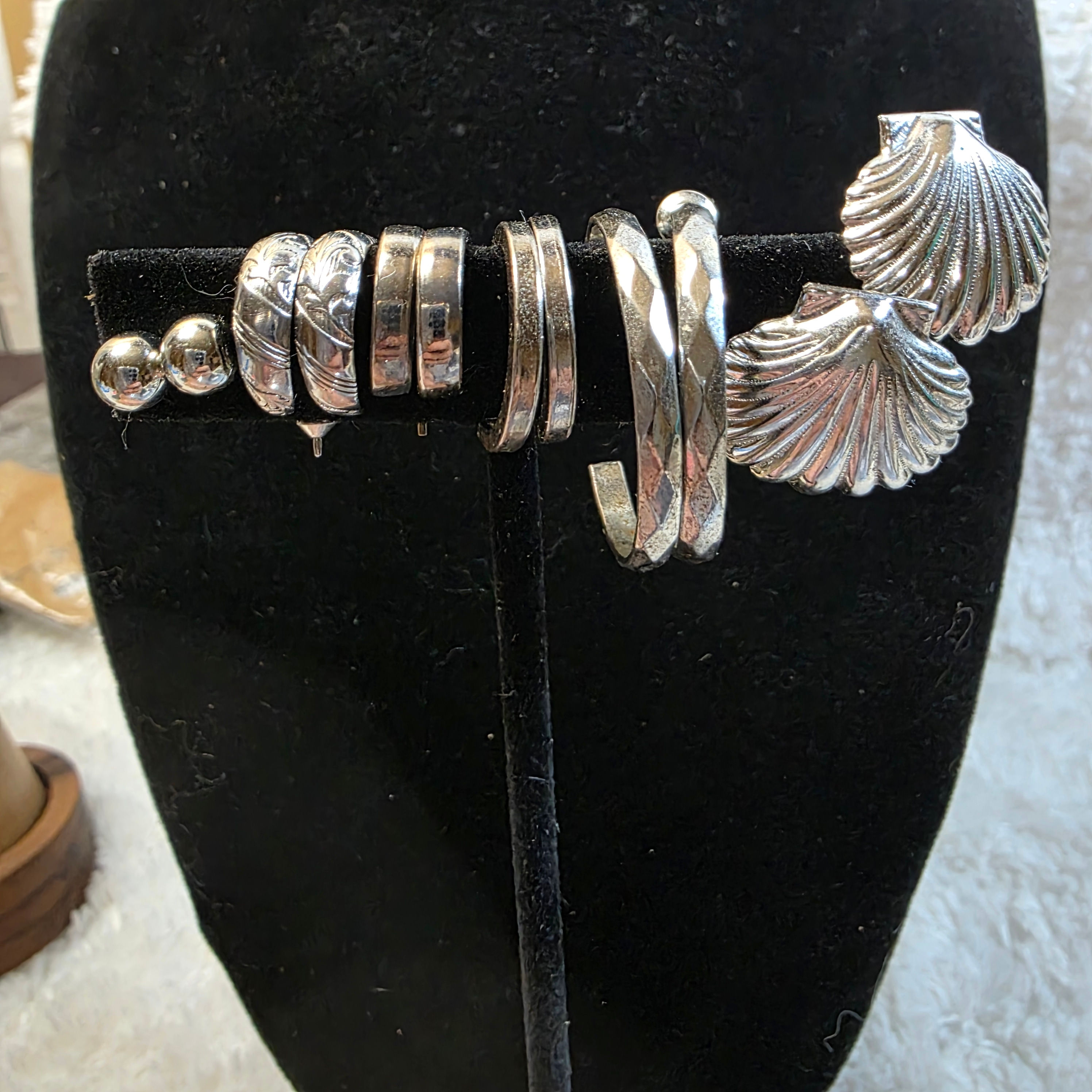 6 Pair of Silvertone Earrings - Shells, Hoops, Studs