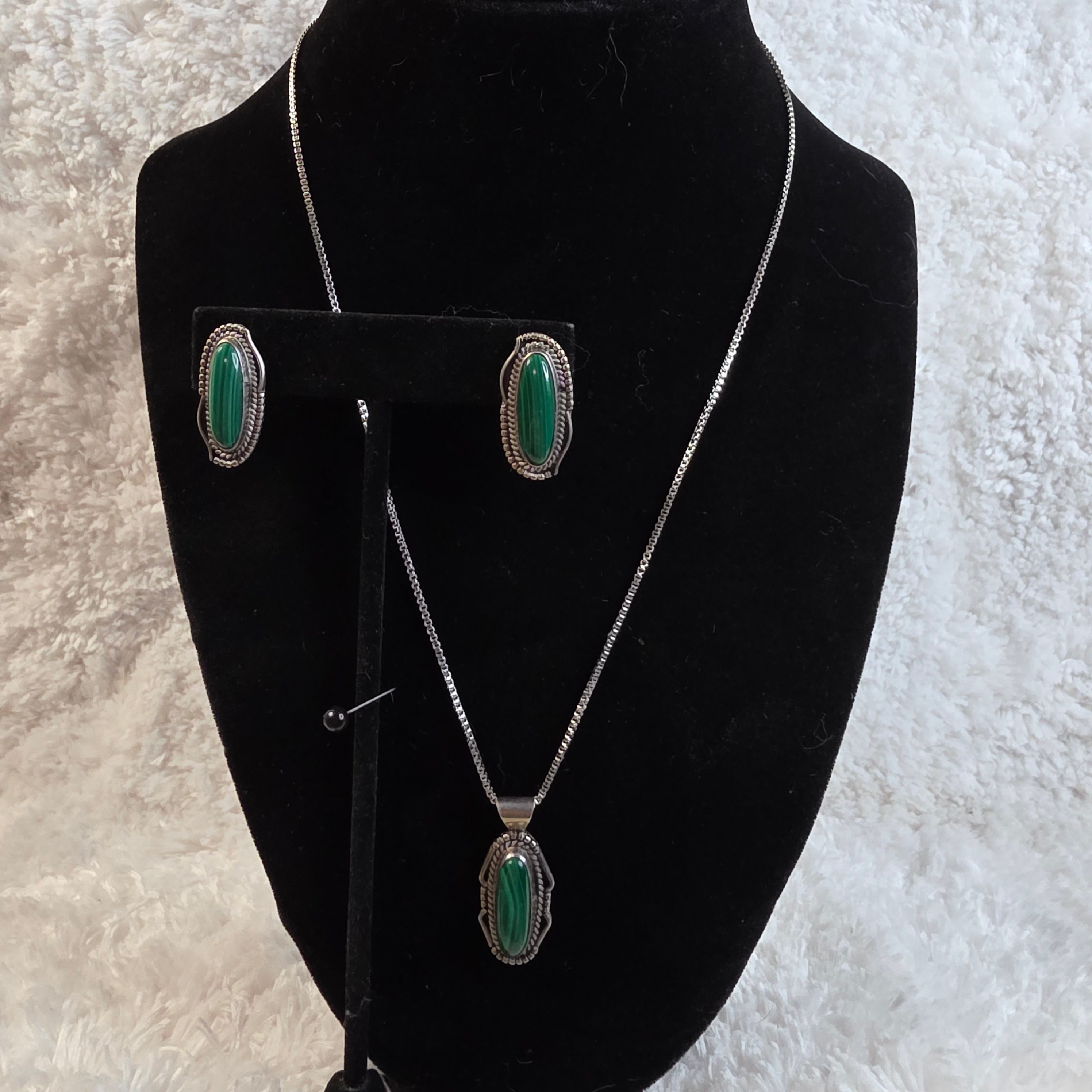 Malachite Earrings & Pendant Set in Sterling Silver