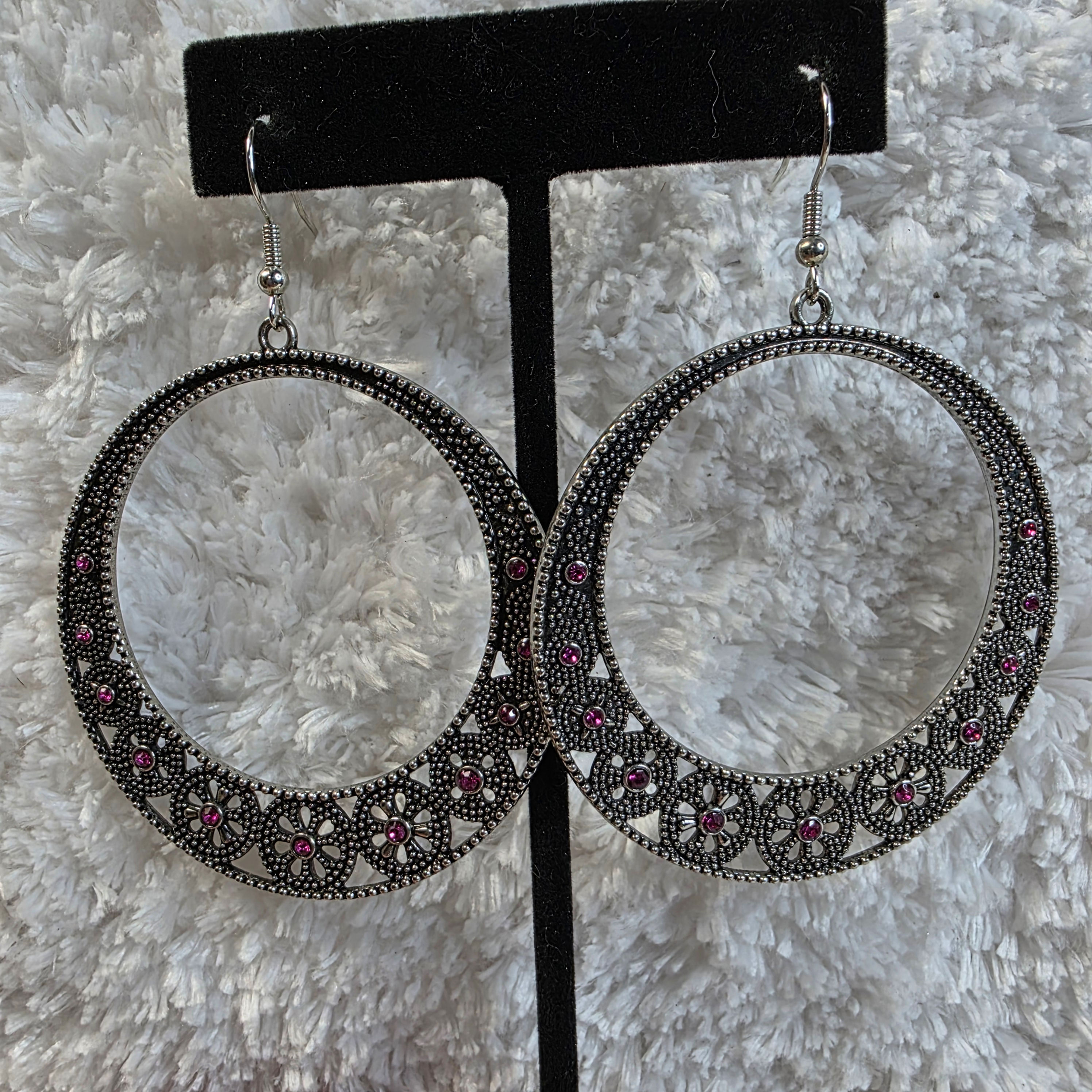 Paparazzi “”Bodaciously Blooming” Earrings-Large Gunmetal Hoops w/Pink Stones