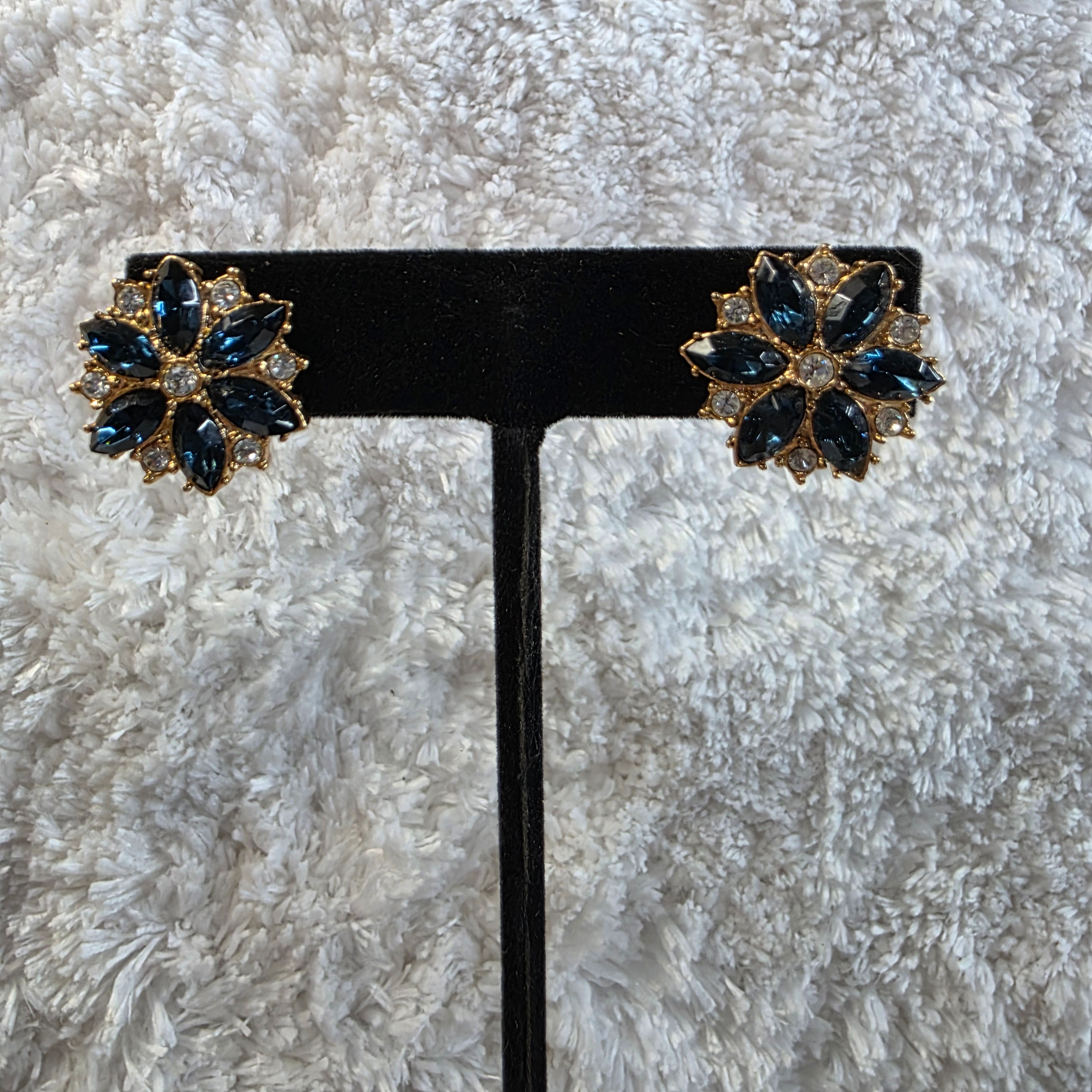 Roman Sapphire & Clear Rhinestone in 14k Earrings