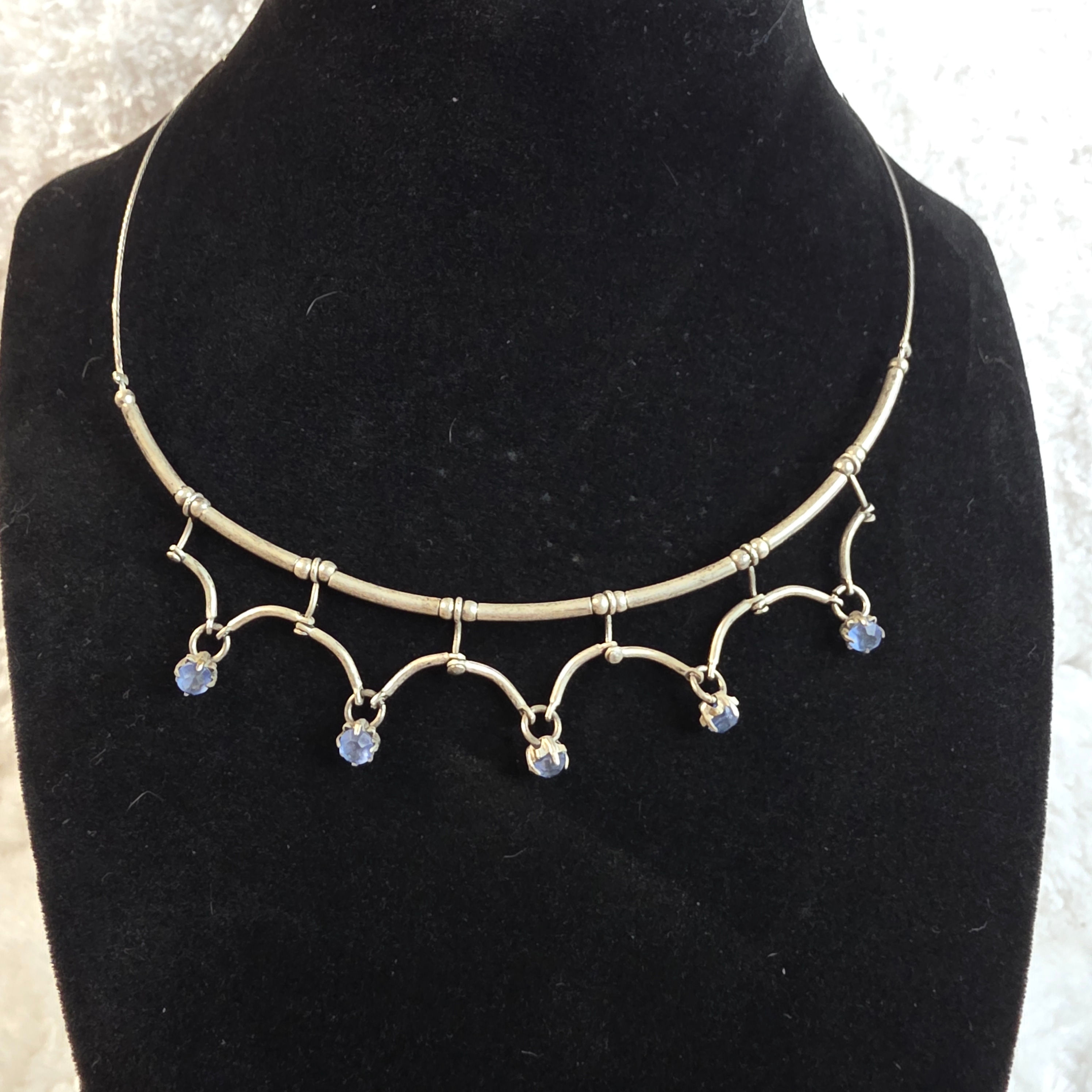 Wire Antique Silver Loop Necklace with Blue Gemstones