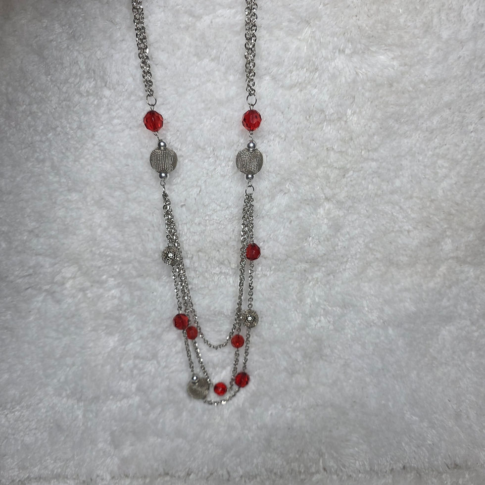 Thumbnail: 1940's 3 Strand Red, Silvertone & Metal Floss Bead Necklace