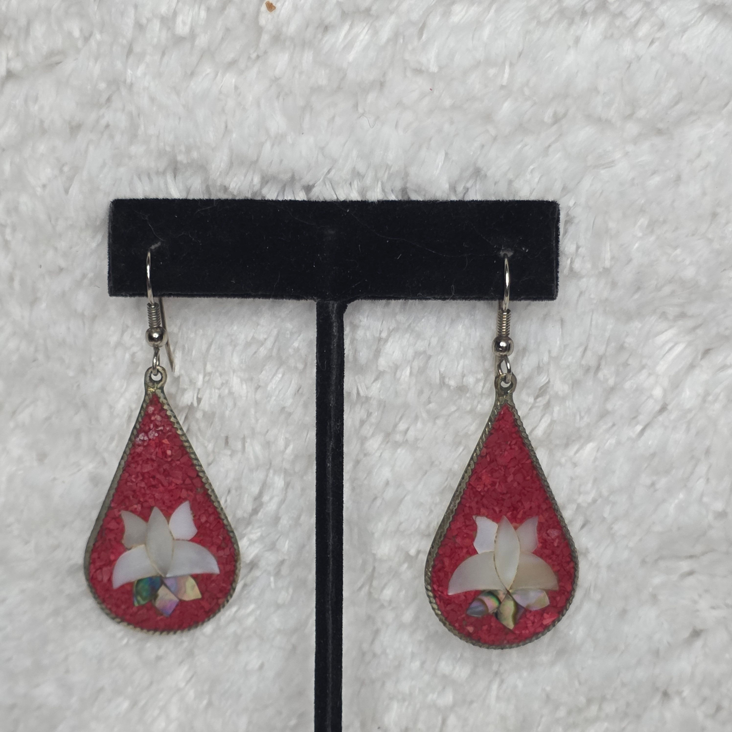 1960's Alpaca Mexico Earrings-Crushed Coral & Abalone