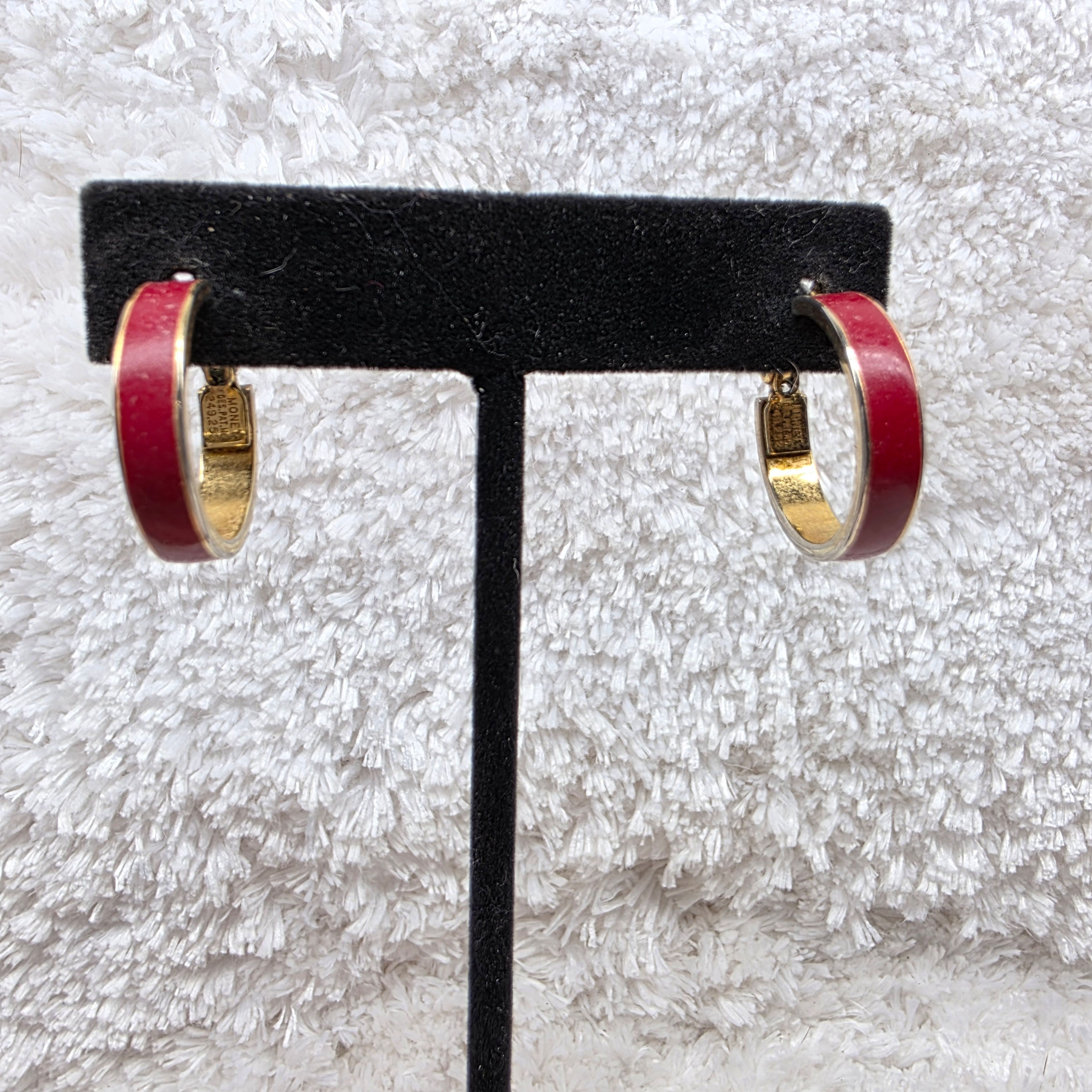 Signed Monet Gold Plated Red Enamel Hoop Earrings