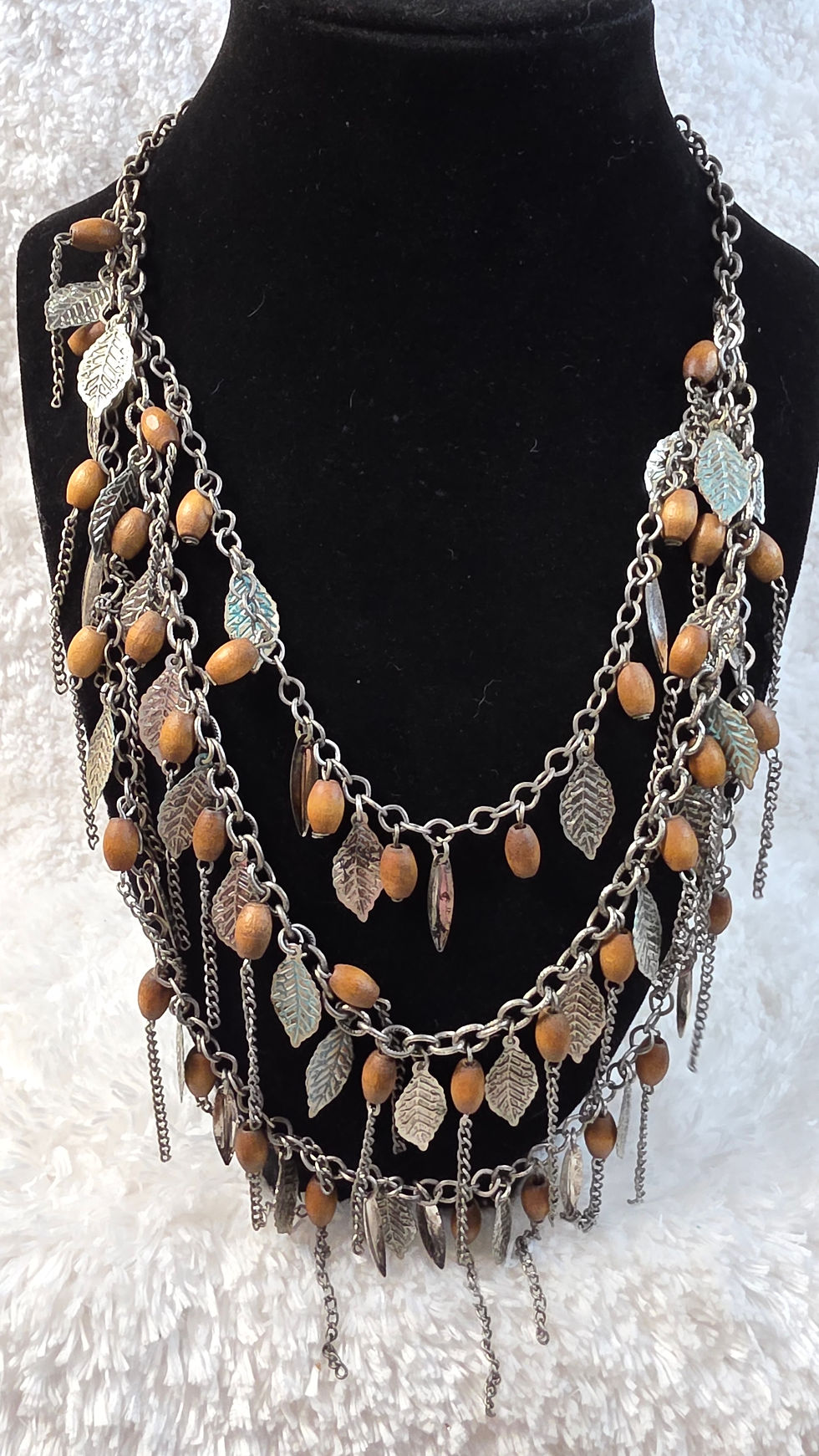 Thumbnail: Silvertone 3 Strand Necklace w/Leaves & Wooden Beads