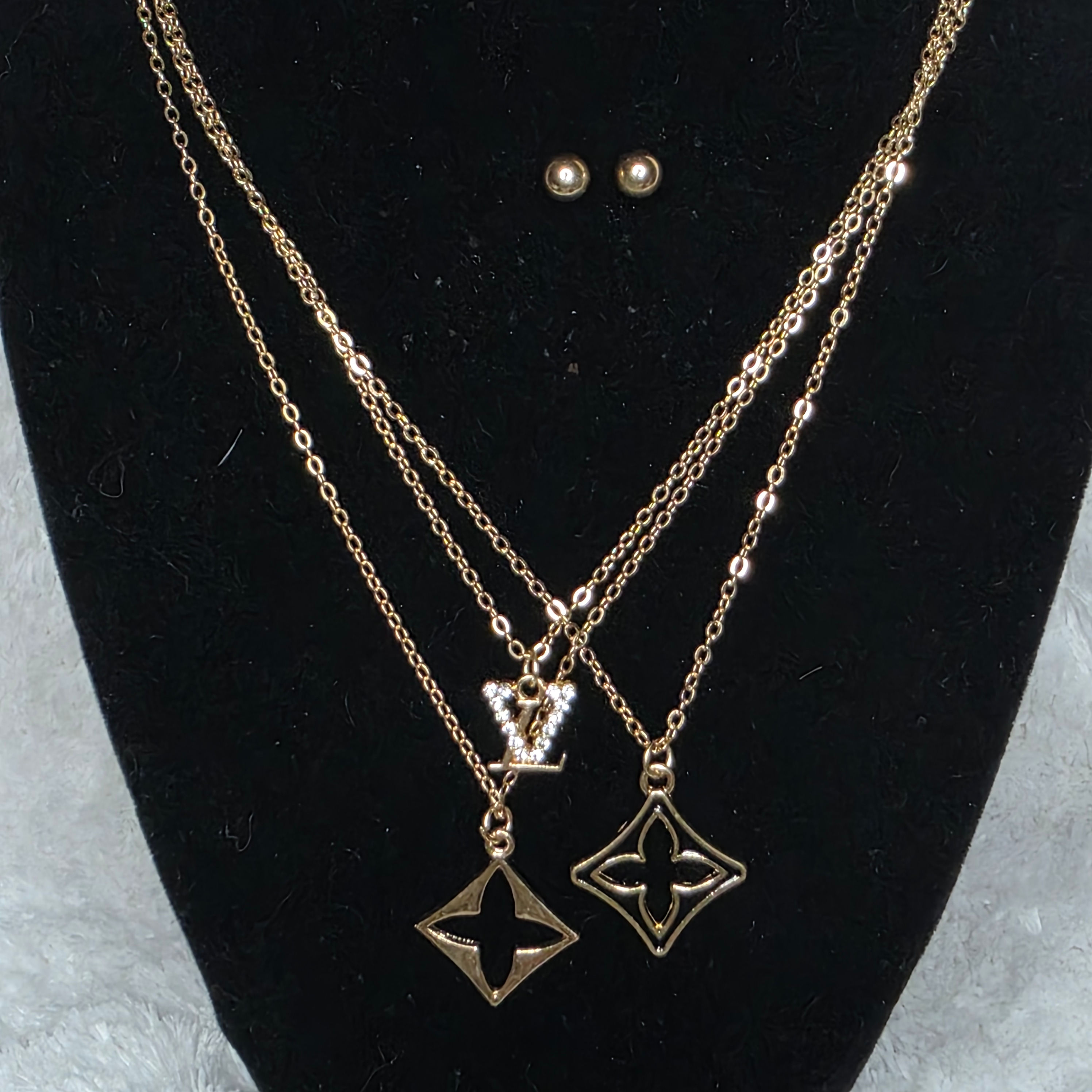 Louis Vuitton Inspired Goldtone Necklace & Earrings Set