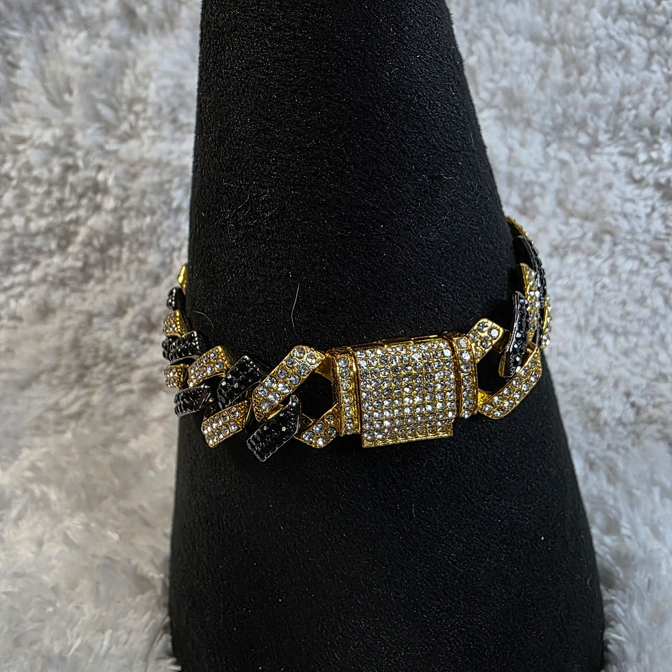 Thumbnail: 14k Gold Plated & Gunmetal Cuban Bracelet w/Black & Clear CZ