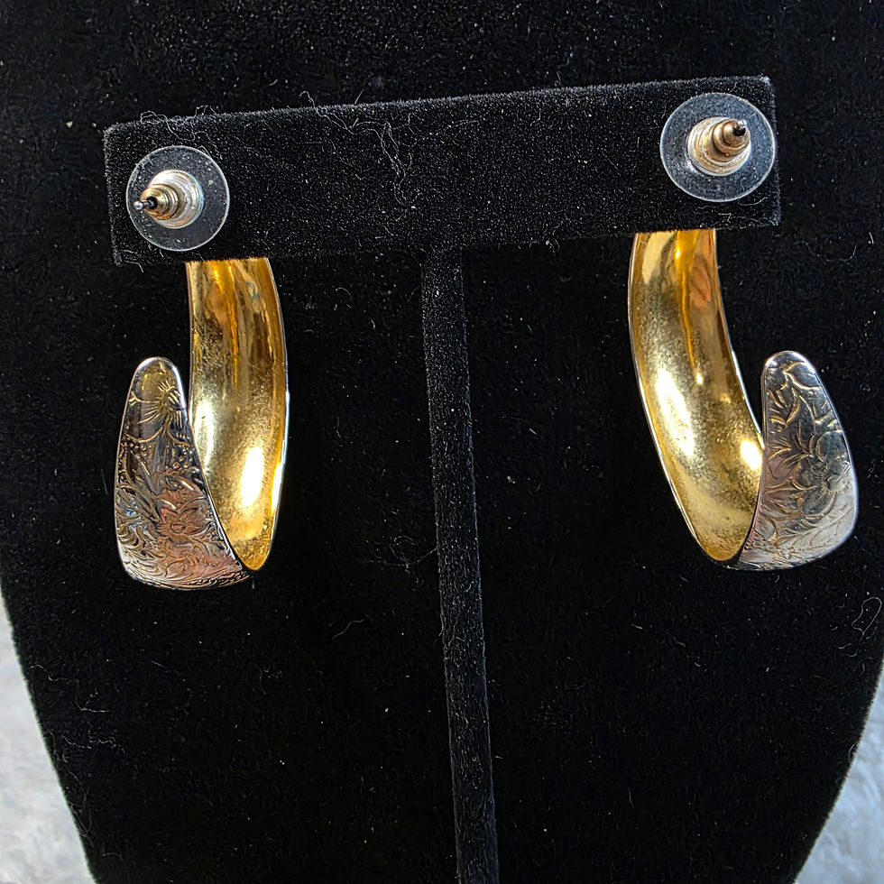 Thumbnail: 1980's Goldtone Flower Pattern 3/4 Hoop Earrings