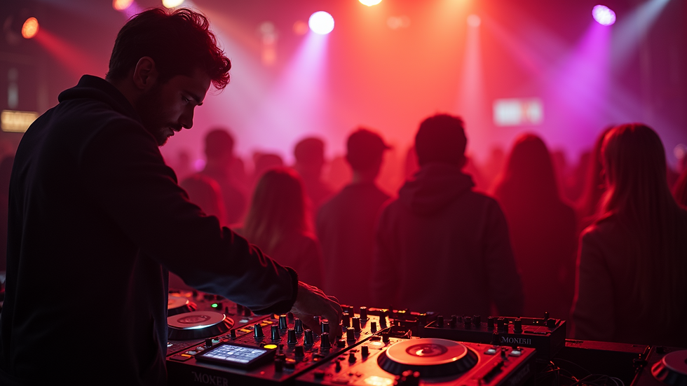 High angle view of a DJ mixing music at a lively party in New York