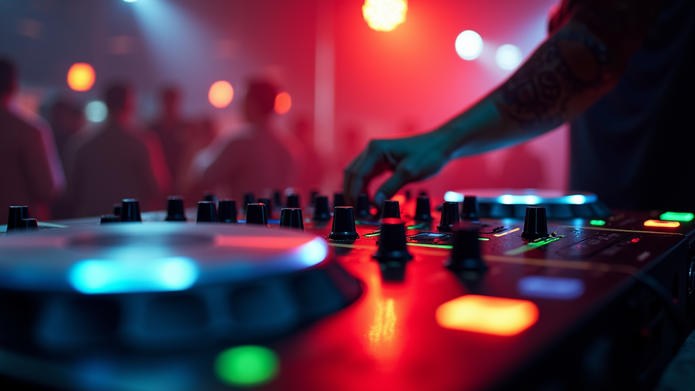 Eye-level view of a DJ station with lights and sound equipment