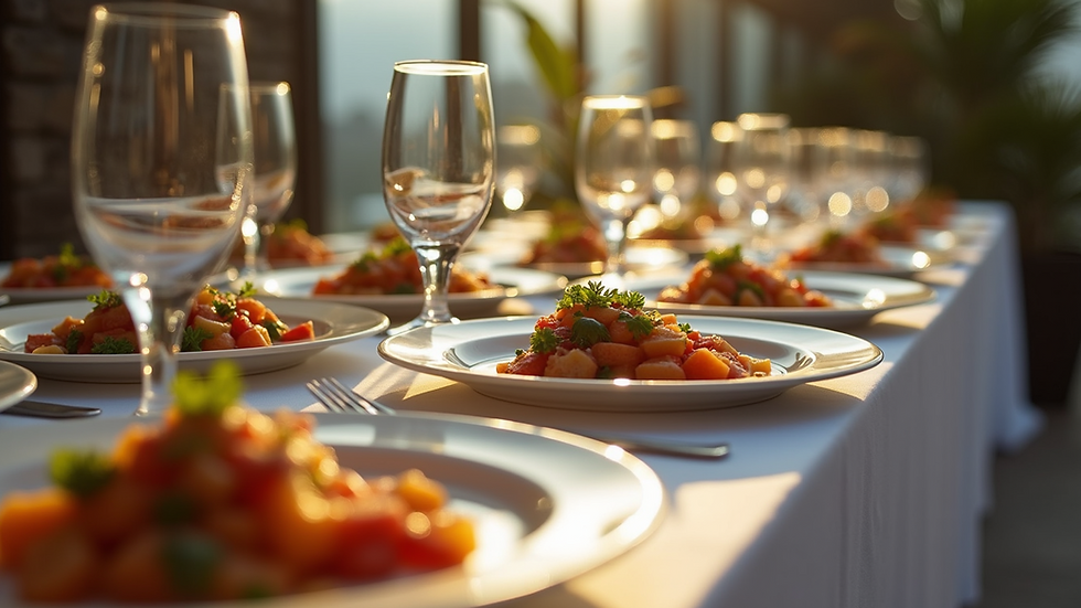 High angle view of a catering setup with plates and glasses arranged neatly