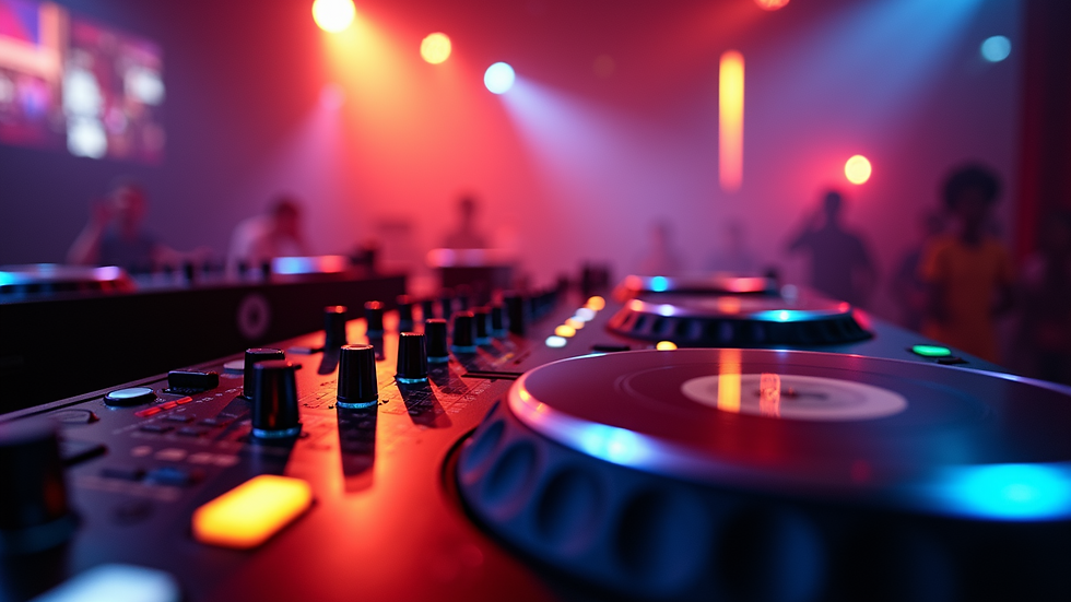 Eye-level view of a DJ booth with lighting setup