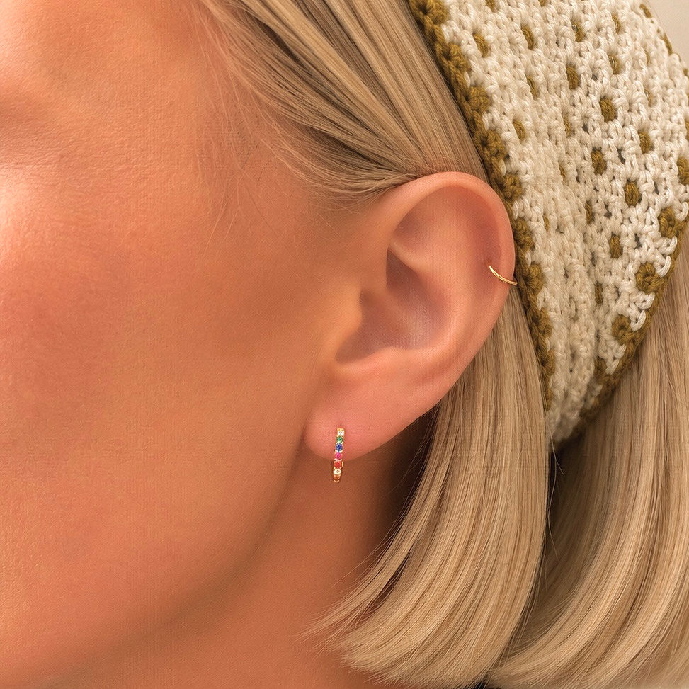 Sterling Silver Or Gold Rainbow Cubic Zirconia Huggie Hoop Earrings