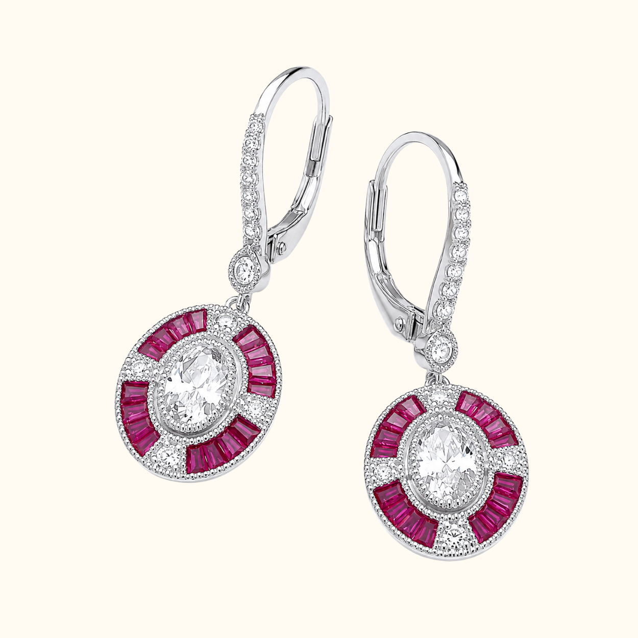 Silver & Ruby Cubic Zirconia Oval Deco Drop Earrings