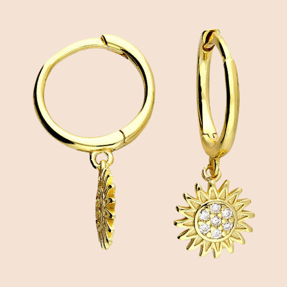 Yellow Gold Sun Charm Huggie Hoop Earrings set with sparkling stones