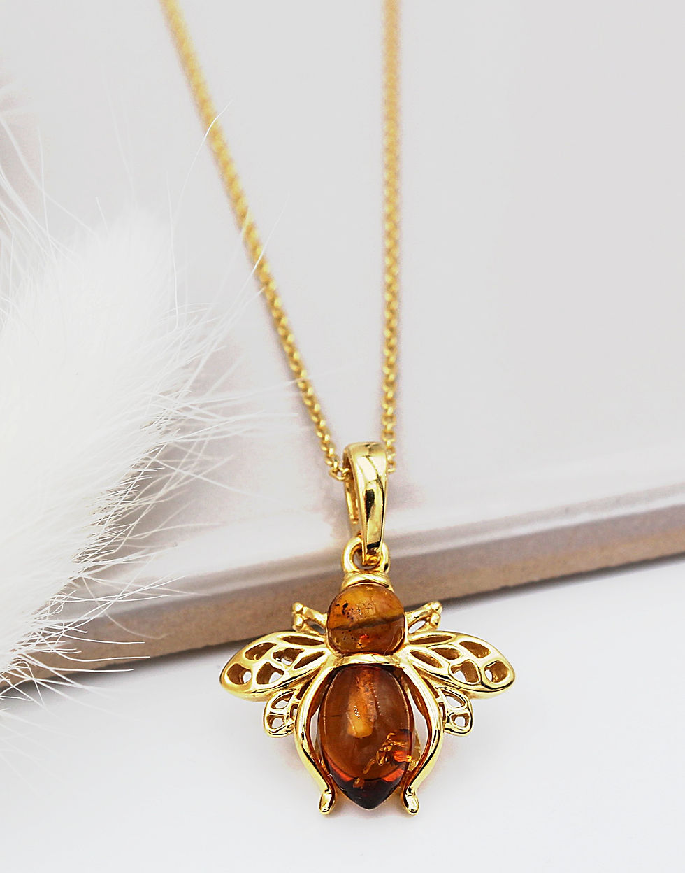 Thumbnail: Bee Necklace in Gold Plated Silver set with Amber