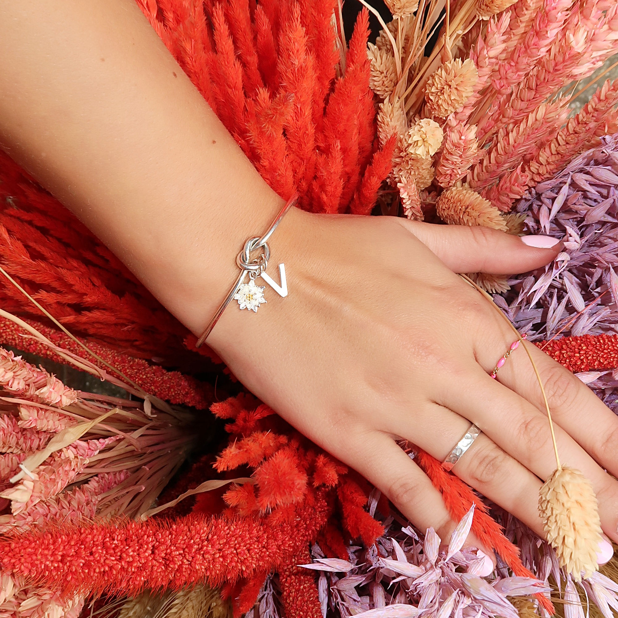 Personalised Silver Love Knot Bangle With Birth Flower And Initial