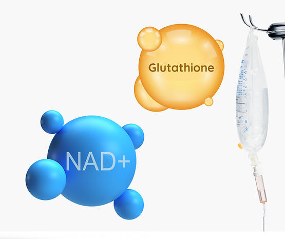 NAD+ and Glutathione molecules depicted alongside an IV drip, illustrating their use in intravenous therapy for health and wellness benefits.