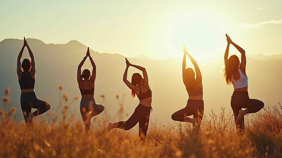 Vista aérea de un grupo practicando yoga integral al aire libre