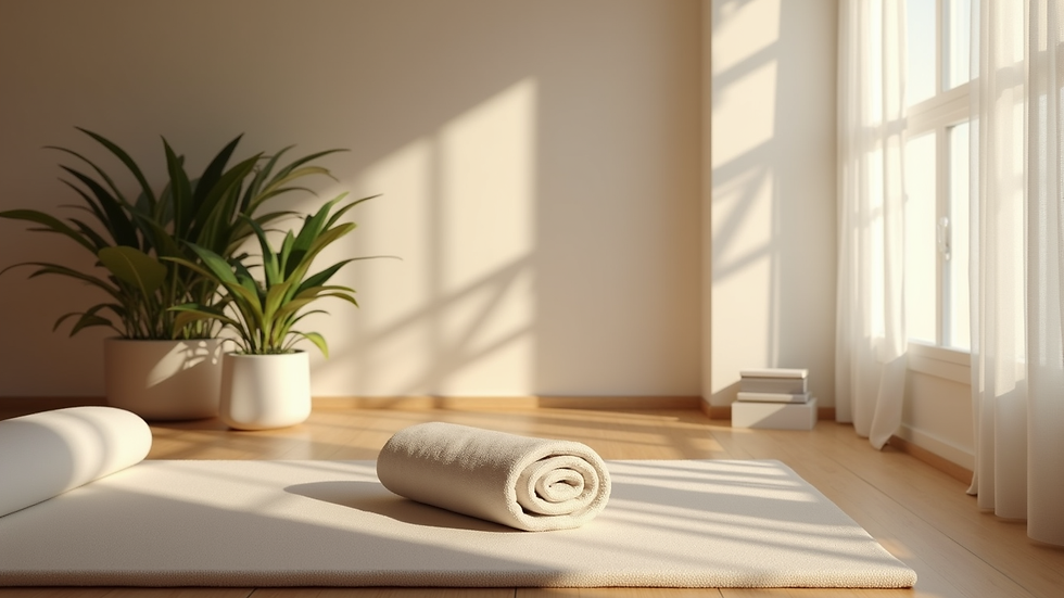 Plano medio de una esterilla de yoga con accesorios para práctica terapéutica en un ambiente sereno