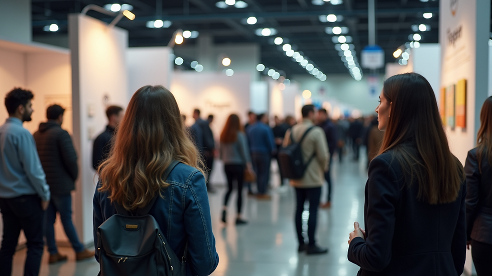 Wide angle view of a vibrant job fair with diverse attendees