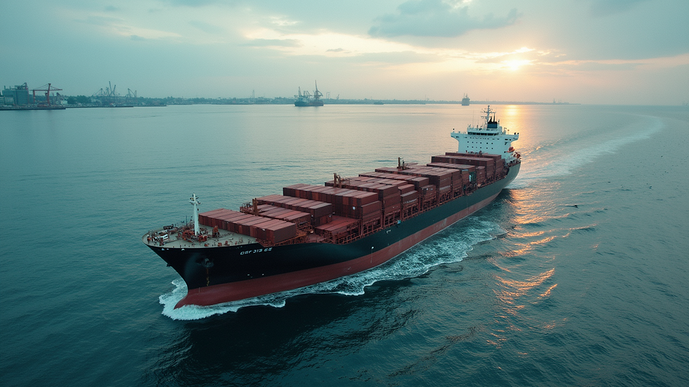 High angle view of a cargo ship at a busy port