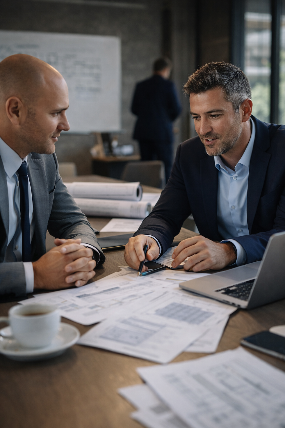 Two businessmen discuss plans for managed IT services