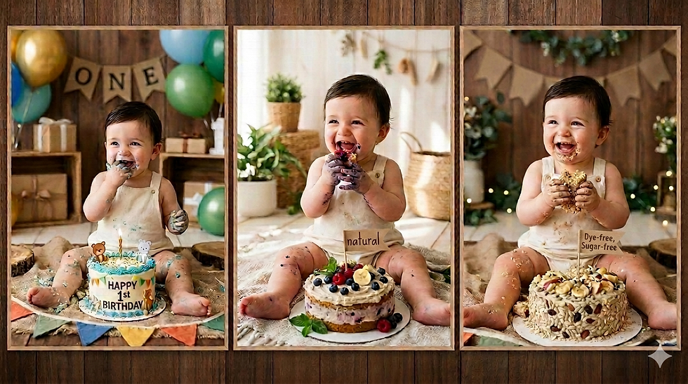 A three-photo collage banner of a brown-haired baby's smash cake session. Left: The baby smiles next to a small, frosted bright blue frosting . Center: The baby happily eats the cake with his hands dyed with berries and bananas. Right: The baby is covered in nuts and fruit from his cake.
