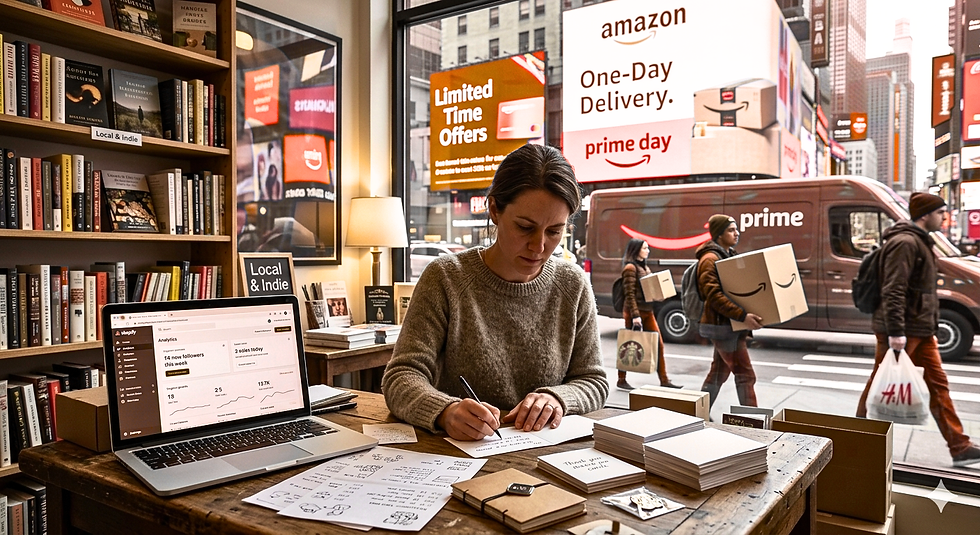 A bookstore owner working at a desk, overshadowed by large Amazon advertisements visible through the window.