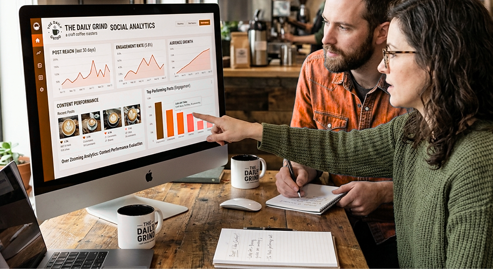 Two business owners evaluating social media content performance on a computer