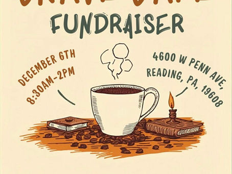 Fundraising flier with a coffee cup graphic on coffee beans with a book on either side
