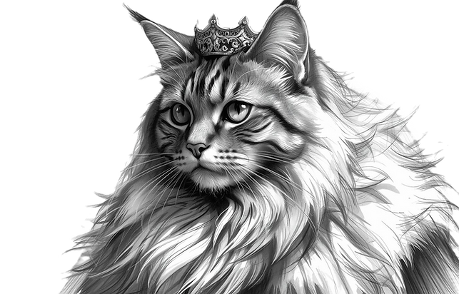 create a charcoal, grey, sketch drawing of Rí Dearg as a mainecoon cat, king