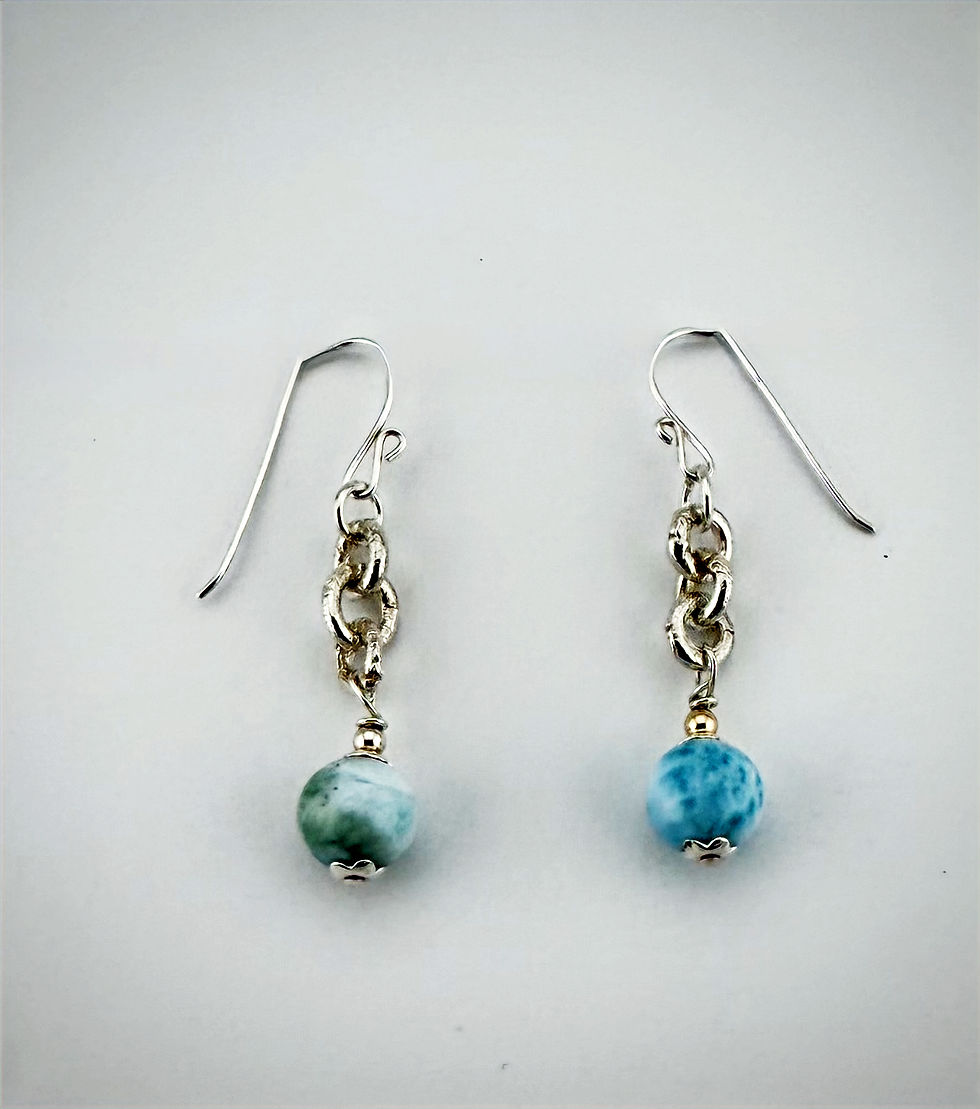 Front view of Larimar bead earrings with fine silver chain, showing ocean-blue gemstones and graceful sway.