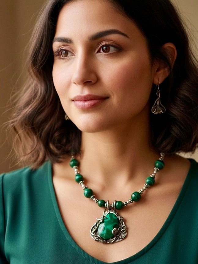 Malachite and Ginkgo Set worn on model showing necklace and earrings with green malachite and silver detailing