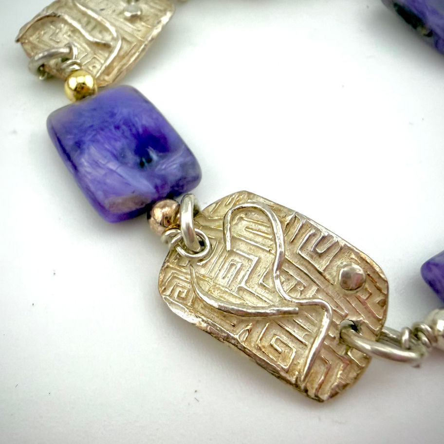 Close-up of Silver Linked Charoite Bracelet highlighting polished sterling silver rectangular link craftsmanship
