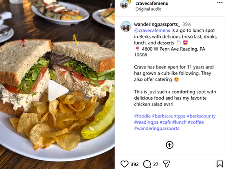 instagram feature with a halved chicken salad sandwich, pickle spear and kettle potato chips