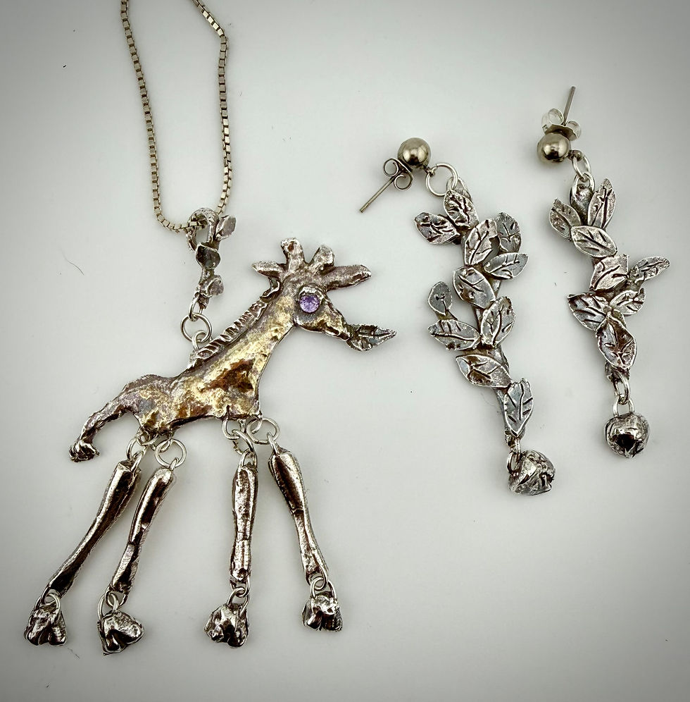 Hungry Giraffe Set showing kinetic giraffe pendant and matching earrings in fine silver whimsical animal design
