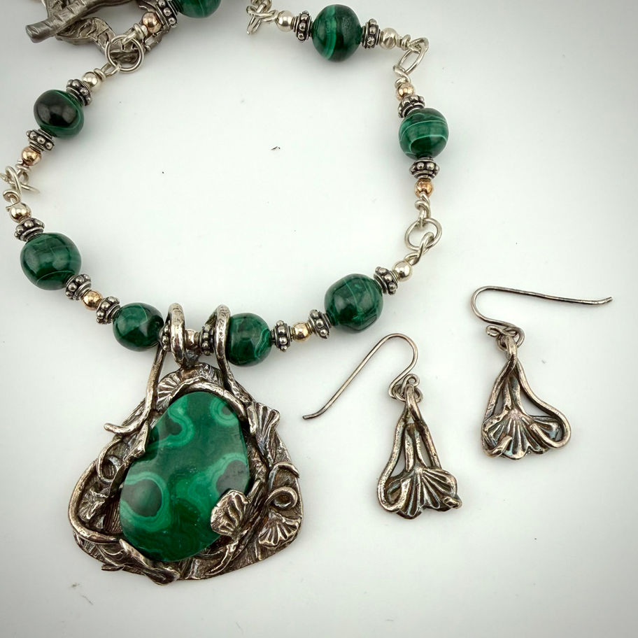 Malachite and Ginkgo Set showing necklace and earrings with green malachite beads and silver ginkgo leaf details