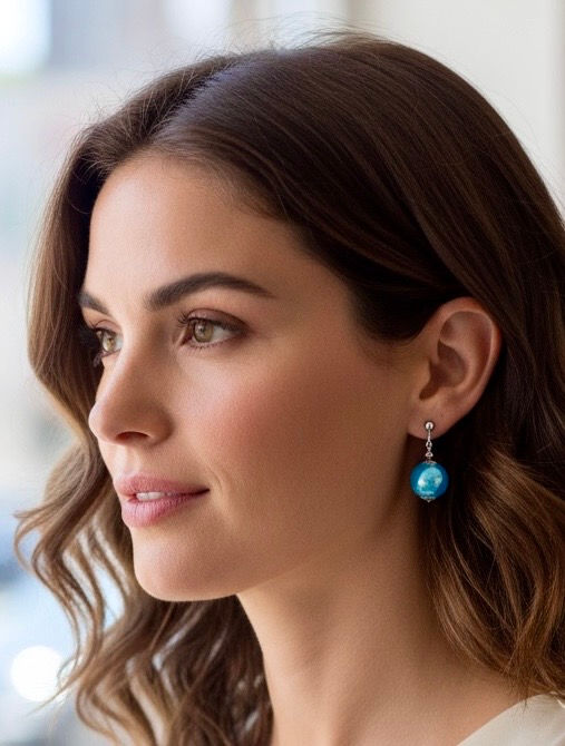 Blue Majorca pearl silver bead cap post earrings worn on model showing scale, placement, and shimmering color