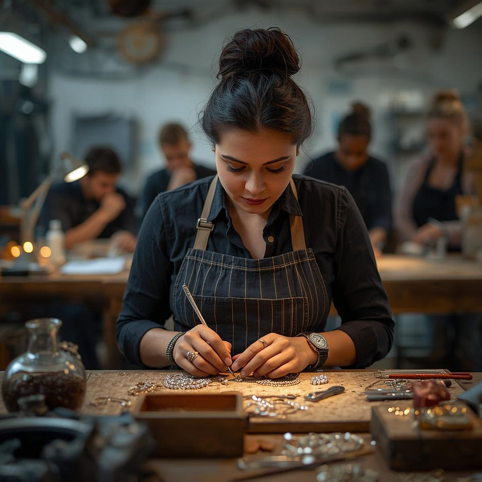 Female jewelry artist crafting handcrafted necklaces and rings at a bright workbench, showcasing skill and professionalism.