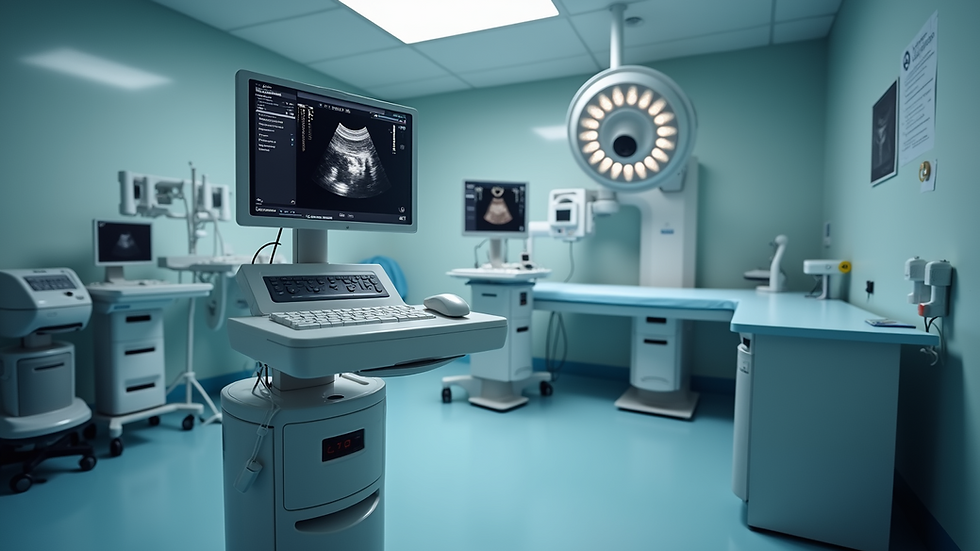 Eye-level view of ultrasound room with scanning equipment ready for use