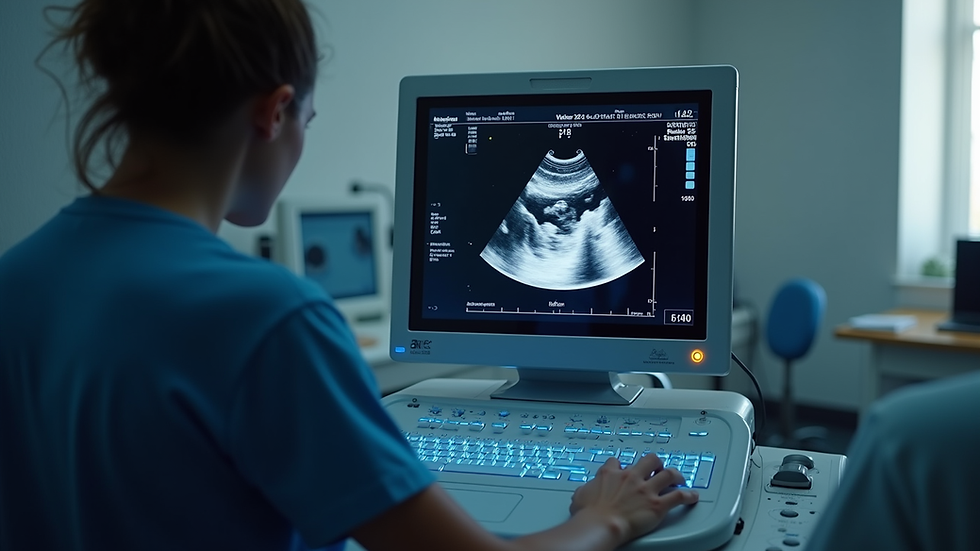 Eye-level view of ultrasound machine displaying a baby scan image