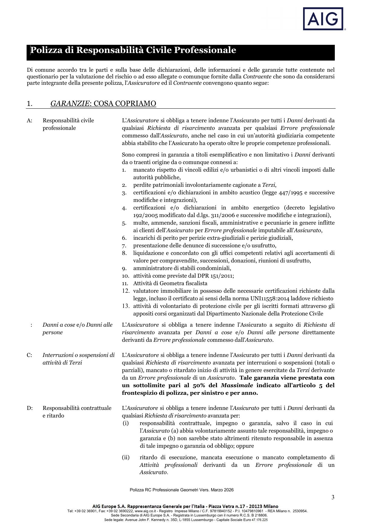 Pagina delle garanzie della polizza: cosa è coperto