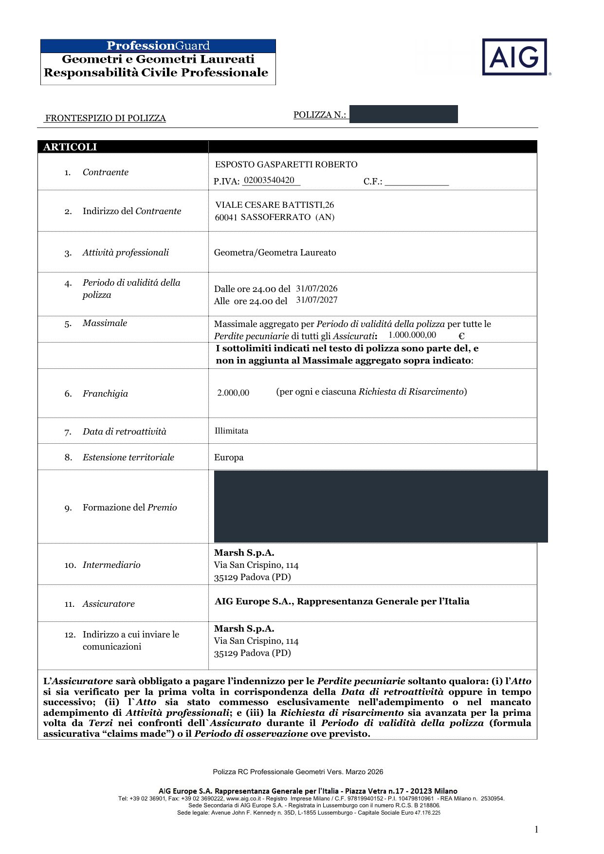 Frontespizio della polizza di responsabilità civile professionale AIG, con numero di polizza e premio oscurati