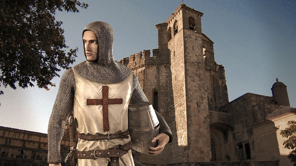 Knight Templar representation, Tomar Templar Castle in the background, sunset light